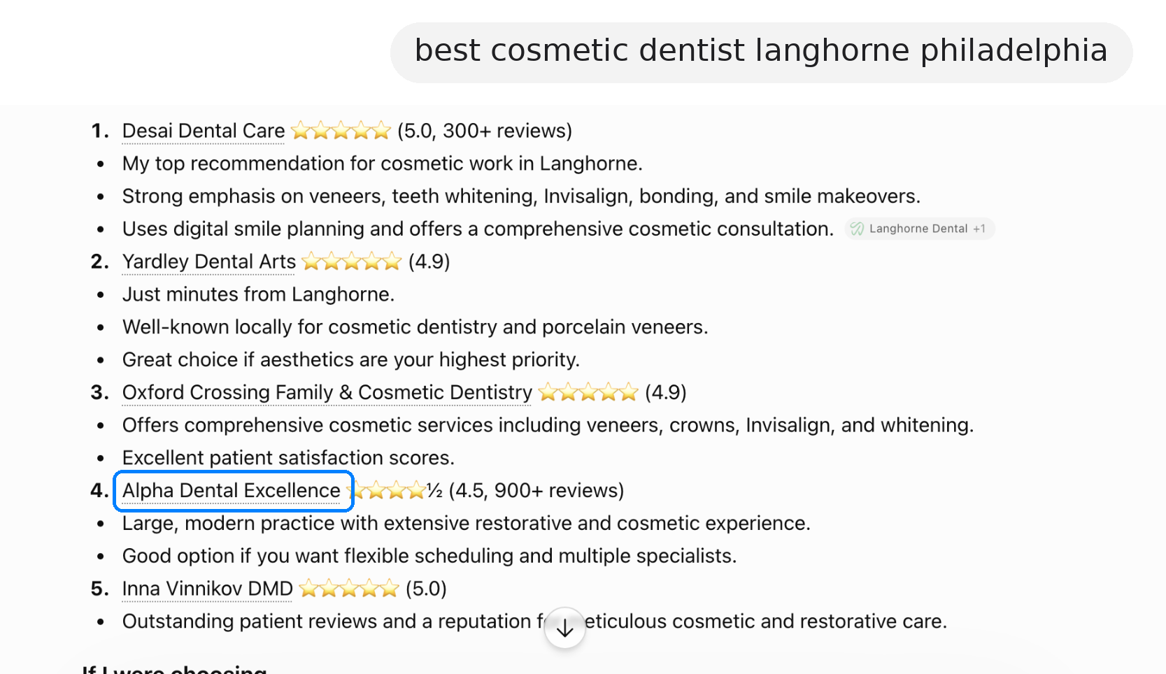 ChatGPT recommending Alpha Dental Excellence for "best cosmetic dentist langhorne philadelphia"