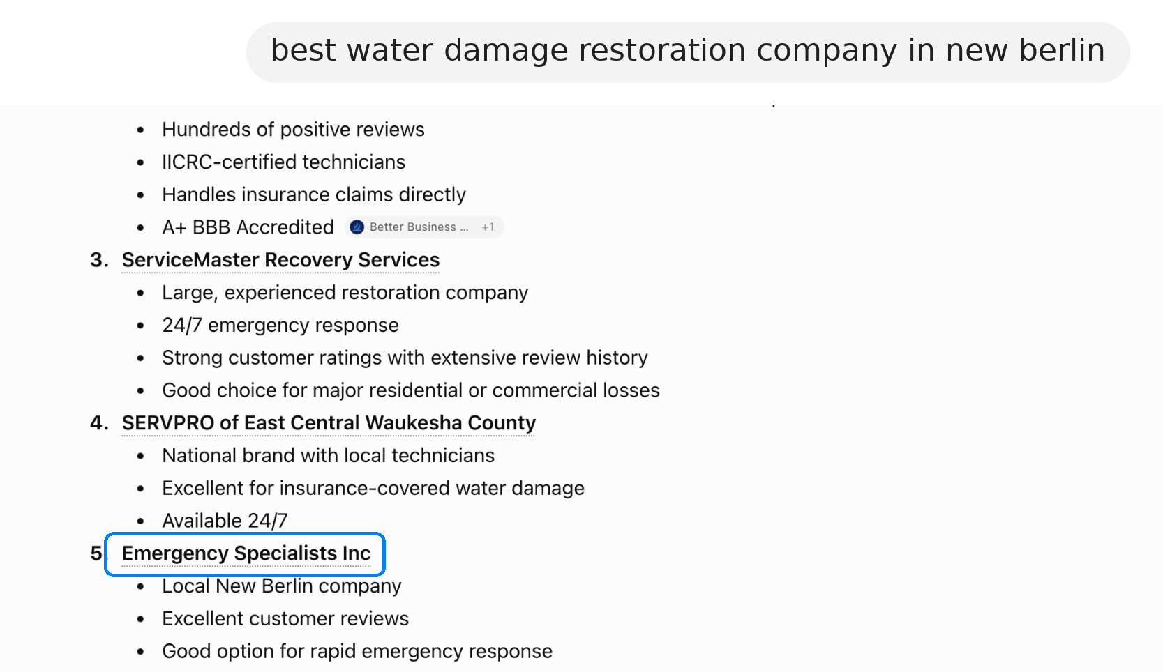 ChatGPT recommending Emergency Specialists Inc for "best water damage restoration company in new berlin"