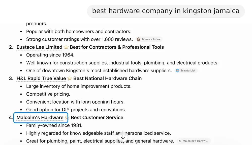 ChatGPT recommending Malcolm's Hardware for "best hardware company in kingston jamaica"