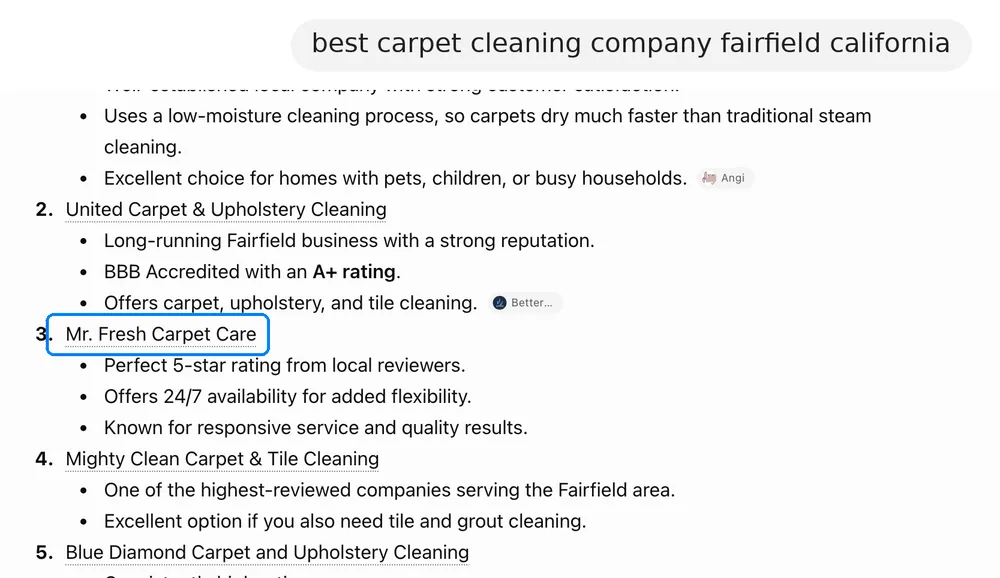 ChatGPT recommending Mr. Fresh Carpet Care for "best carpet cleaning company fairfield california"